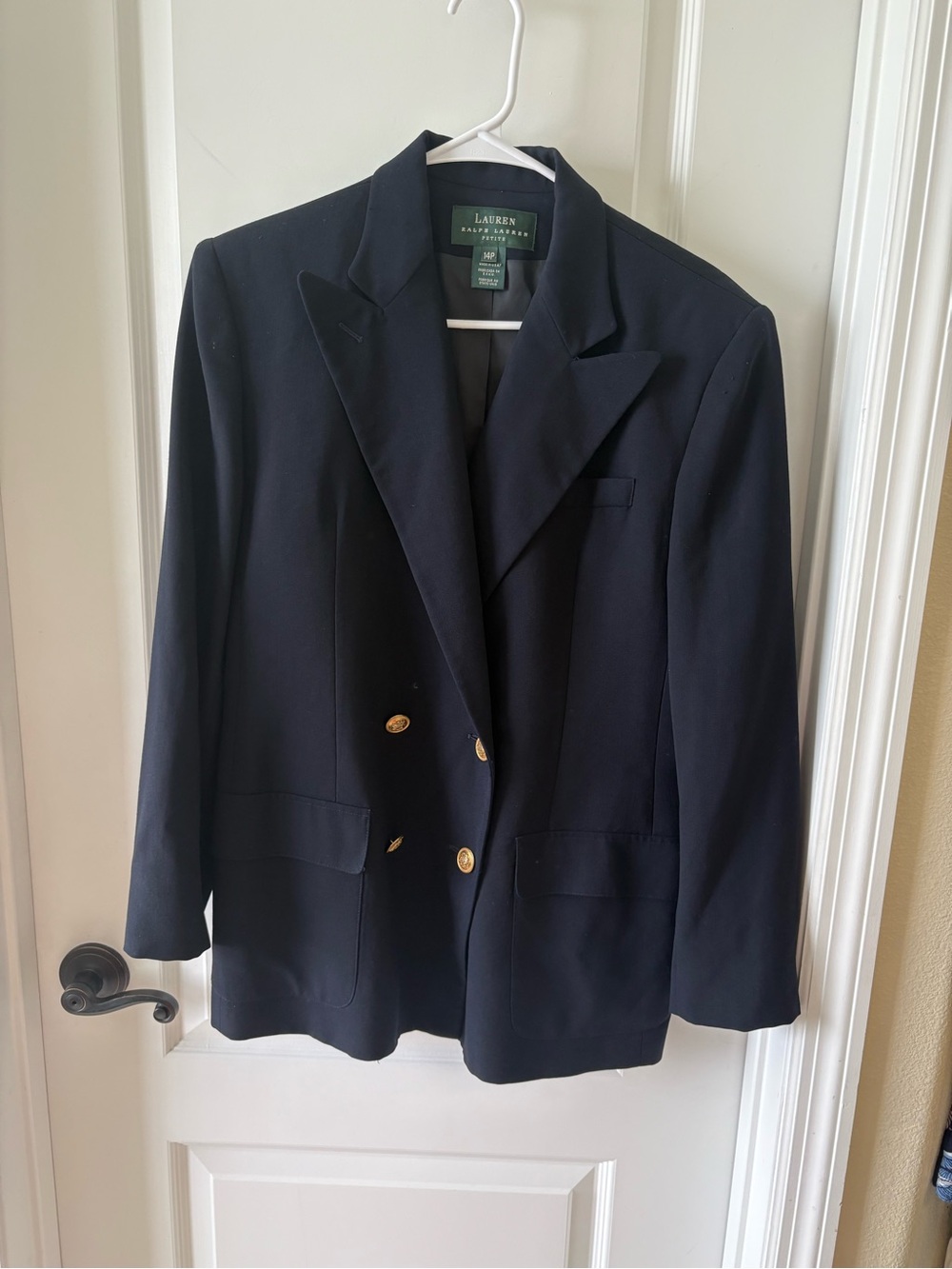 Vintage Lauren Ralph Lauren Navy Wool Blazer Gold Buttons 14P Made USA
